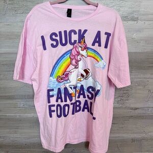 Gildan Softstyle Pink "I Suck at Fantasy Football" Unicorn Tee - XL